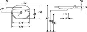 V&B Einbauwaschtisch ARCHITECTURA 600x400mm, ohne ÜL, ov we C+