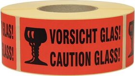 Hinweisetikett Vorsicht Glas L.145 mm,B.70mm rot 1000 St./Rolle TRANSPAK