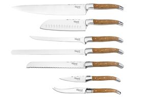 HAWS Messerset 'Laguiole' 7-teilig Chefmesser: 30,5 cm (mit Griff 44,5 cm), Fleisch- und Fischmesser: 28 cm (mit Griff 42 cm), Brotmesser: 19 cm (mit Griff 34 cm), Filetiermesser: 19 cm (mit Griff 34 cm), Santokumesser: 17 cm (mit Griff 31 cm), Universalm