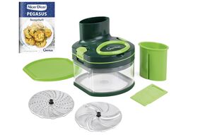 GENIUS Nicer Dicer Pegasus Set 10-teilig Inhalt: 1 x Deckel, 1 x Scheibenrahmen, 1 x Stopfer, 1 x Trennsteg, 1 x Auffangbehälter (Fassungsvermögen: 1.850 ml), 1 x Silikonring, 1 x Feine Reibscheibe, 1 x Grobe Schneidscheibe (3 mm), 1 x Flexibler Frischhal