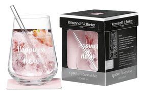 RITZENHOFF & BREKER Cocktail-Set 'quote happines' 3-teilig 1 x Weintumbler 510 ml, 1 x Trinkhalm L 15 cm, 1 x Untersetzer