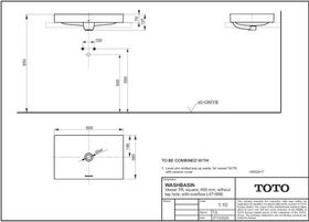 TOTO TR Aufsatzwaschtisch 60cm o Hahnloch mit Überlauf eckig we