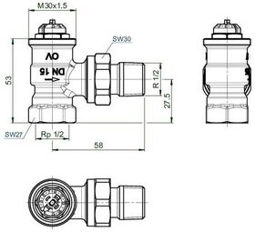 OV Thermostatventil Baureihe AQ M 30x1,5, Eck DN 15