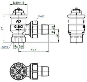 OV Thermostatventil Baureihe AQ M 30x1,5, Eck DN 10