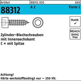 Zylinderblechschraube R 88312 Spitze/Innen-6kt C 5,5x 45 A 2 250 Stück - VPE: 250