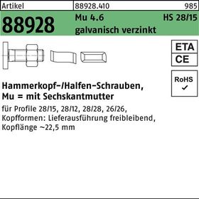 Hammerkopfschraube R 88928 28/15 6-ktmutter M8x40 Mu4.6 galv.verz. 100St. HALFEN - VPE: 100