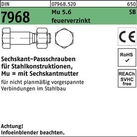 Sechskantpassschraube DIN 7968 CE Mutter M20x 65 5.6 feuerverz. 25 Stück - VPE: 25