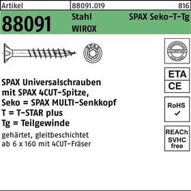 Schraube R 88091 SEKO/T-STAR TG 6x 300/68-T30 Stahl WIROX 100 Stück SPAX - VPE: 100