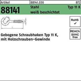 Schraubhaken R 88141 Typ 11 K gebogen 30x2,3x10 Stahl weiß beschichtet 100St. - VPE: 100