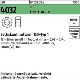 Sechskantmutter ISO 4032 M6 10 zinkbesch. Gleitmittel flZnnc 480h-L 1000 Stück - VPE: 1000