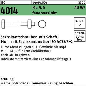 Sechskantschraube ISO 4014 Schaft M20x 180 Mu 5.6 W7 feuerverz. 10 Stück - VPE: 10