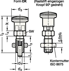 Rastbolzen GN 817 d1 6mm d2 M12 x 1,5mm l1 6mm Stahl,o.Rastsperre,m.Kontermutter - VPE: 10