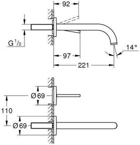 Grohe 2-Loch-WT-Wandbatterie ATRIO FMS Ausl 221mm hard graphite gebürstet