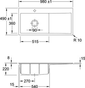 V&B Einbauspüle SUBWAY STYLE 60 FLAT 980x490mm Be li Handbet. ebony