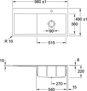 V&B Einbauspüle SUBWAY STYLE 60 FLAT 980x490mm Be re Exzent. stone white