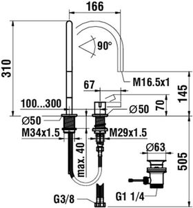 Laufen 2-Loch Waschtischmischer KARTELL 166mm mit Ablaufventil chrom