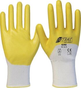 Handschuhe 03405 Gr.9 weiß/gelb PES m.Nitril EN 388 PSA II 12 NITRAS - VPE: 12