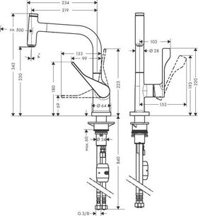 Einhebel-Spültischmischer Sel AXOR CITTE DN 15, mit Ausziehauslauf brushed brass