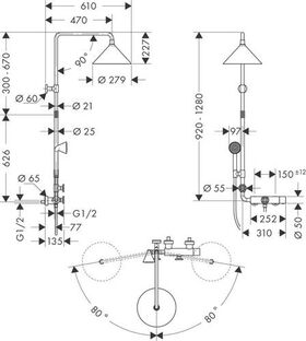 Showerpipe FRONT AXOR DN 15 m Therm. u 2jet Kopfbr bru nickel