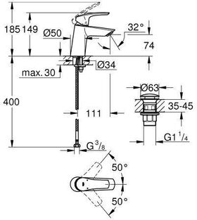 Grohe EH-Waschtischbatterie Slim geneigt gla Körper Push-Open chrom