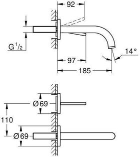 Grohe 2-Loch-WT-Wandbatterie ATRIO FMS, Ausladung 185mm supersteel