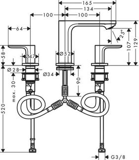 HG 3-Loch Waschtischarmatur Rebris S 110, mit Zugstangen-Ablaufgarnitur chrom