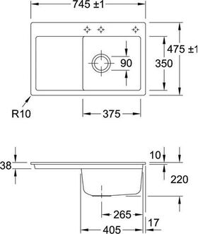 V&B Einbauspüle SUBWAY 45 FLAT 745x475mm Be re Handbet. snow white