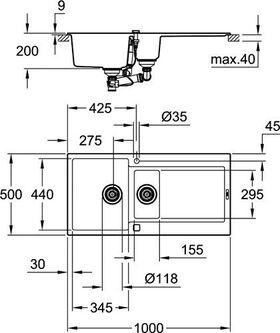 Grohe Kompositspüle K500 m Abtr. 1000x500mm granit sw