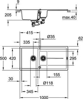 Grohe Kompositspüle K400 m Abtr. 1000x500mm granit sw