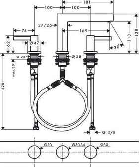 HG 3-Loch-Waschtischarmatur FINORIS 110 m Push-Open Ablaufgarnitur 1 1/4Zoll chr