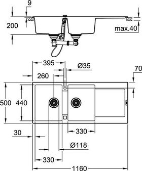 Grohe Kompositspüle K500 m Abtr. 1160x500mm granit sw