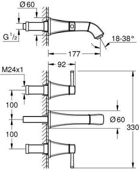 Grohe 3-Loch-WT-Batterie GRANDERA S-Size, FMS, Ausladung 177mm chrom/gold