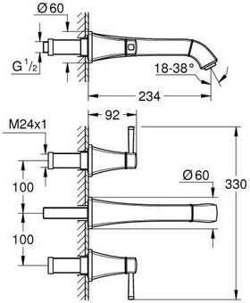 Grohe 3-Loch-WT-Batterie GRANDERA M-Size, FMS, Ausladung 234mm chrom/gold