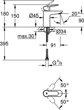 GROHE Einhand-Waschtischbatterie BauEdge 1/2Zoll glatter Körper chr