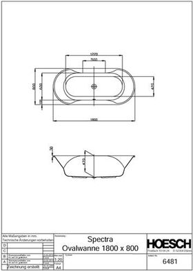 Hoesch Oval-Badewanne SPECTRA 1800x800x470mm we