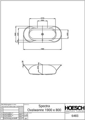 Hoesch Oval-Badewanne SPECTRA 1900x800x470mm we