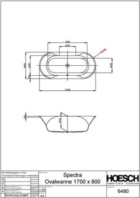 Hoesch Oval-Badewanne SPECTRA 1700x800x470mm we