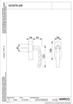 Secusignal-eFenstergriff Atlanta 0530/FR-408 Alu.F1/VK7 Secustik Variofit HOPPE