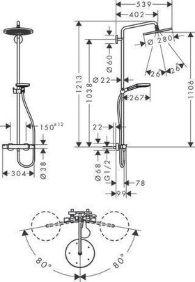 Showerpipe CROMA SELECT S 280 1jet EcoSm m Brausetherm. polished gold optic