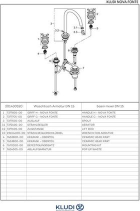 Kludi WT-Armatur NOVA FONTE CLASSIC Dreiloch, DN 15 chrom