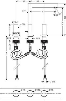 3-Loch-Waschtischarmatur AXOR UNO 200 Zerogriff polished black chrome