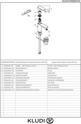 Kludi Waschtisch-EHM PURE&STYLE EcoPlus, mit Ablaufgarnitur, 100mm chrom