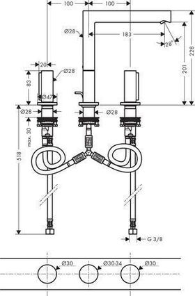 3-Loch-Waschtischarmatur AXOR UNO 200 Zerogriff brushed nickel