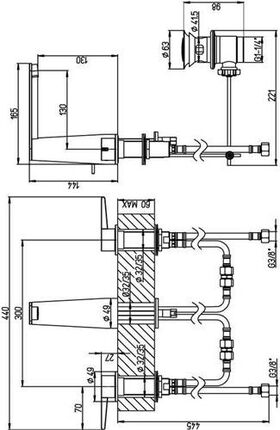 VB Dreiloch-WT-Arm. Conum 440x144x165mm Zugst-Ablgarn. BrushedNickelMatt