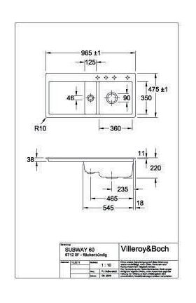 V&B Einbauspüle SUBWAY 60 FLAT 965x475mm Be re Handbet. ivory