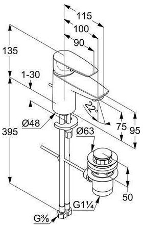 Kludi Waschtisch-EHM PURE&SOLID 3,8 l/min, mit Ablaufgarnitur 75mm chrom