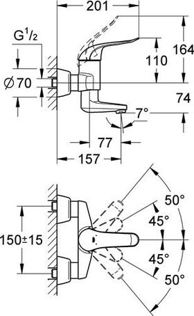 Grohe EH-WTbatt EUROECO SPECIAL 1/2Zoll Ausldg 157mm S-Anschlüsse chr