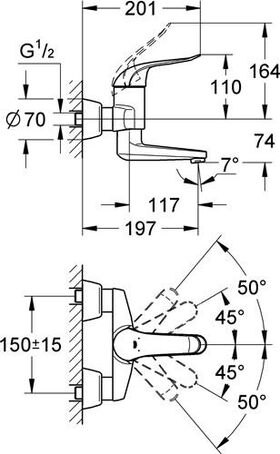 Grohe EH-WTbatt EUROECO SPECIAL 1/2Zoll Ausldg 197mm S-Anschlüsse chr