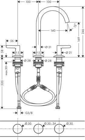 3-Loch-Waschtischarmatur 170 AXOR ONE m PO Ablaufgarnitur 1 1/4Zoll mattschwarz