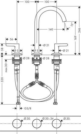 3-Loch-Waschtischarmatur 170 AXOR ONE m PO AG 1 1/4Zoll stainless steel optic